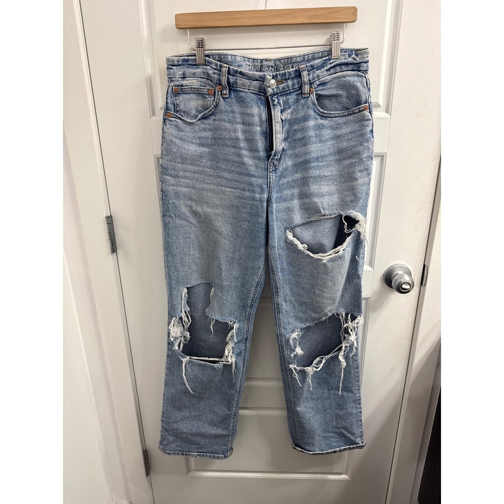 American Eagle Curvy 90s Straight Distressed Jeans Blue Women Size 10 Regular